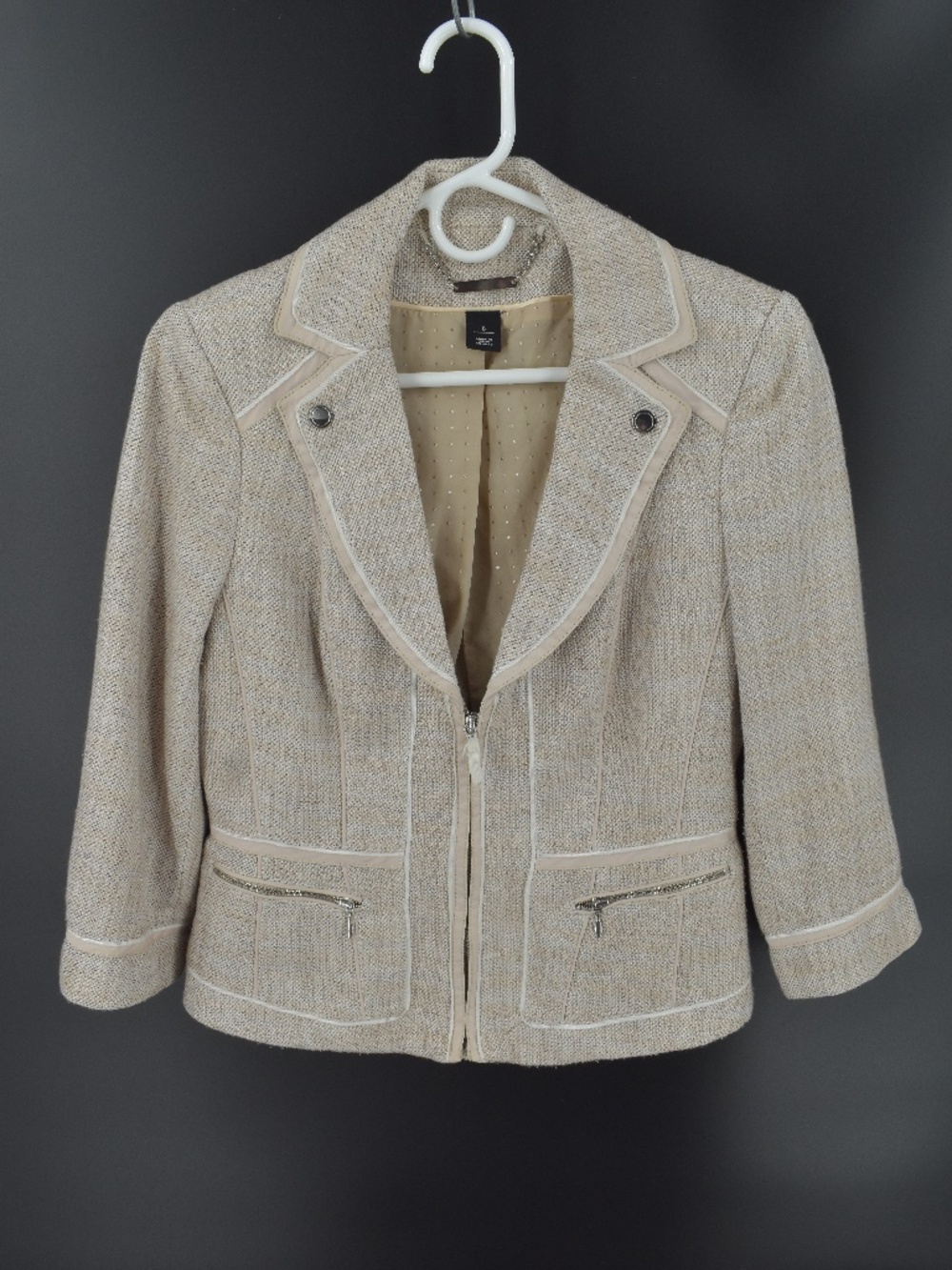 White House Black Market Tweed Moto Blazer Jacket Oatmeal Beige 6